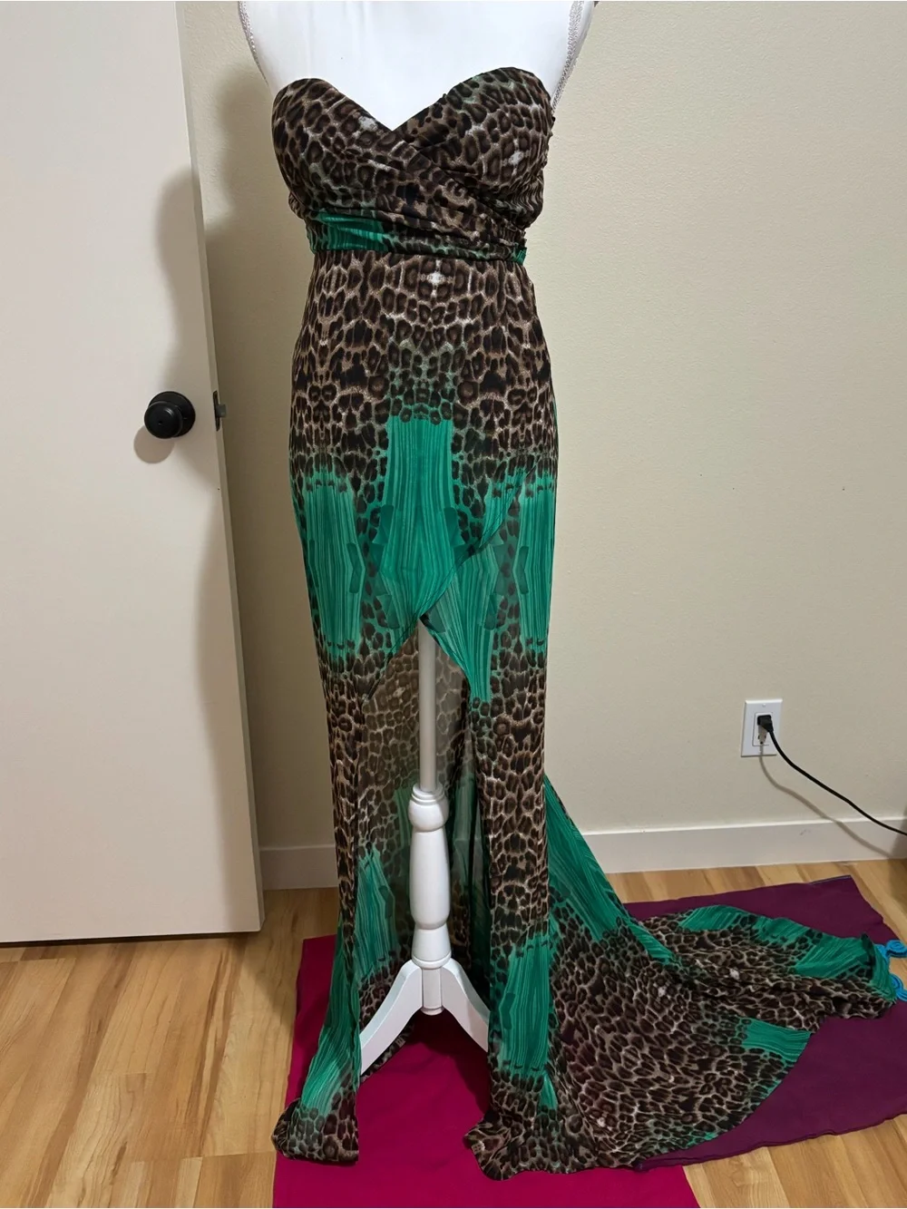 Leopard Print Strapless High-Low Maxi Dress with Green Panels